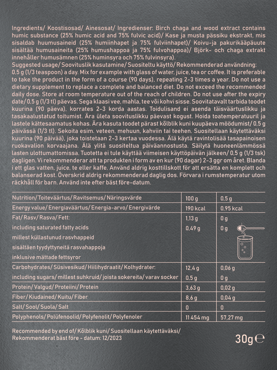 Etikett: Rückseite: Black Stuff Pulver mit Pinienrinde und Birken-Chaga-Extrakt reich an Polyphenolen, Fulvo- und Huminsäure.